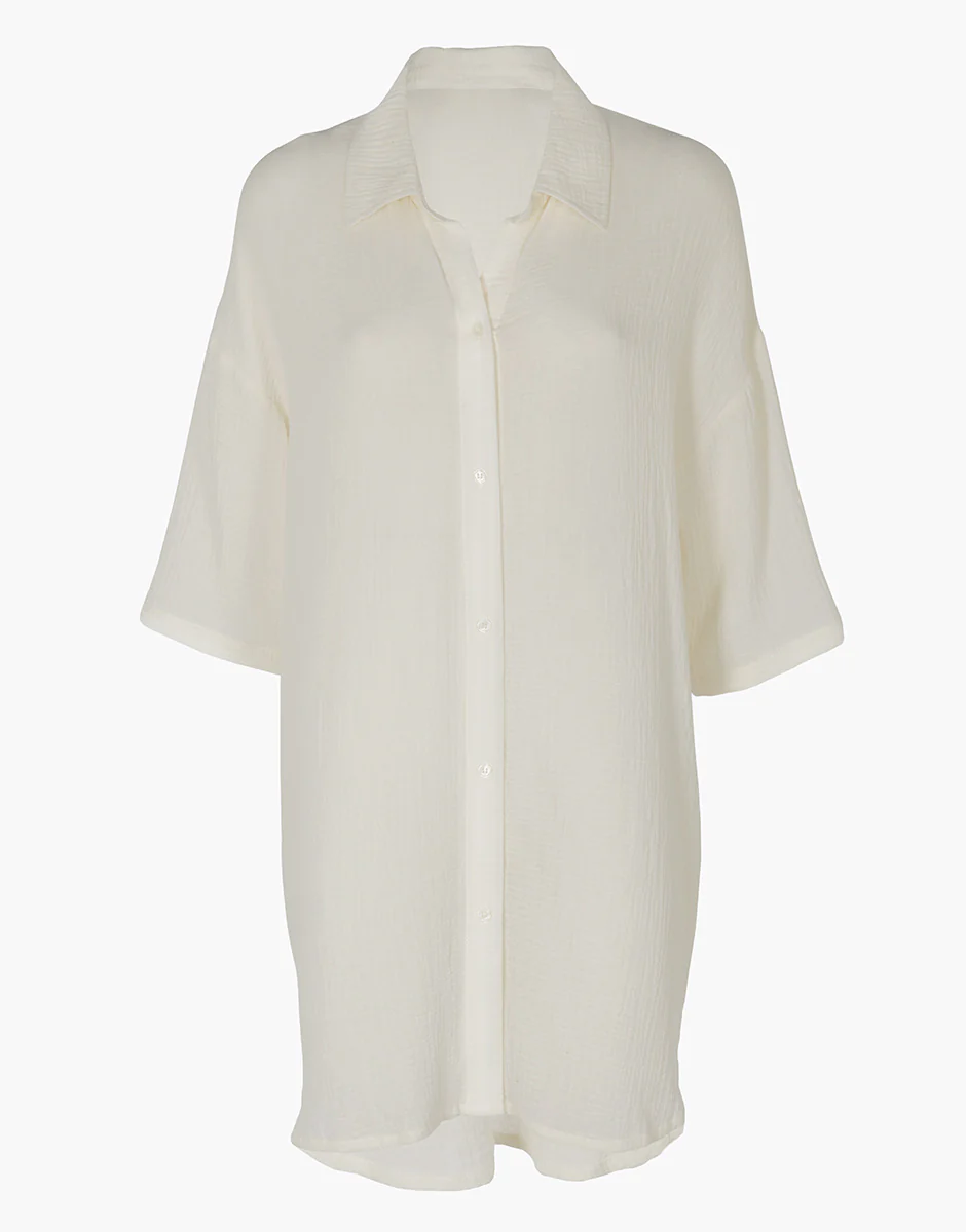 Abito camicia manica 3/4 in cotone intrecciato, bianco seta - Image 3