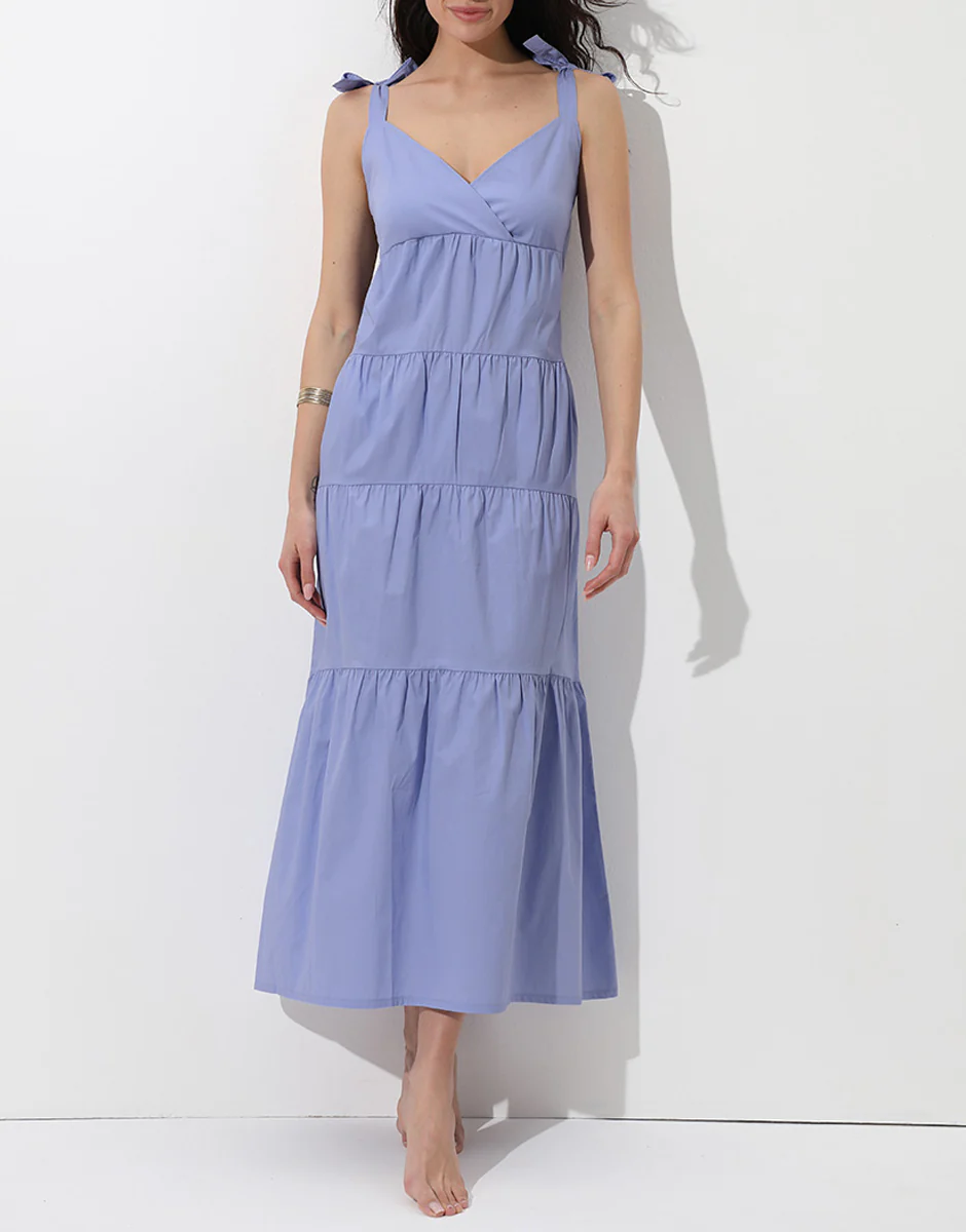 Abito Lungo con Spalline in Cotone, azzurro polvere lillato