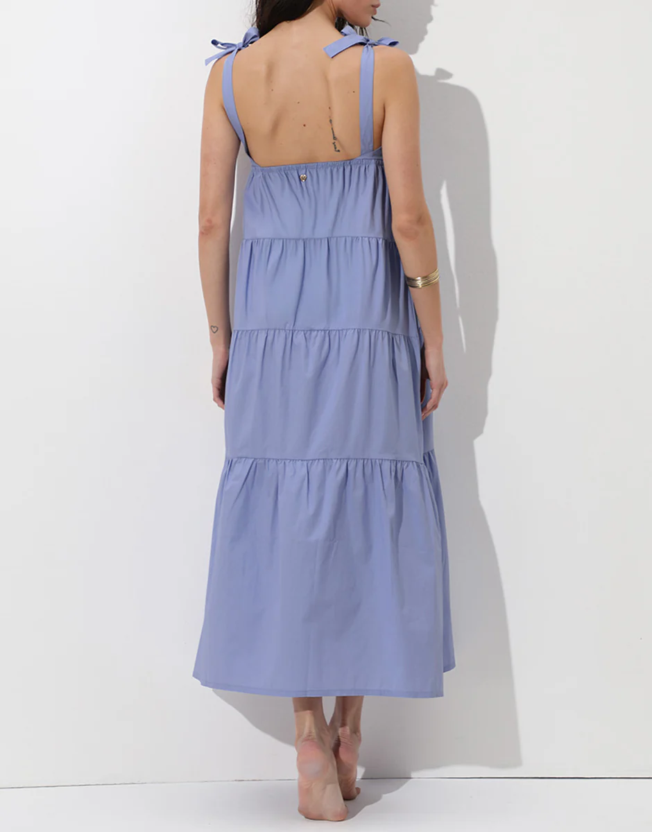 Abito Lungo con Spalline in Cotone, azzurro polvere lillato - Image 2