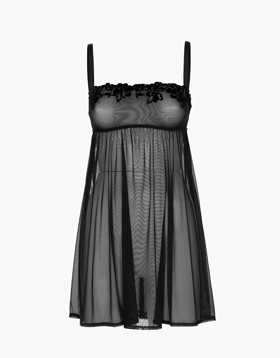 Babydoll Velvet Embroidery in tulle e velluto, nero - Image 3