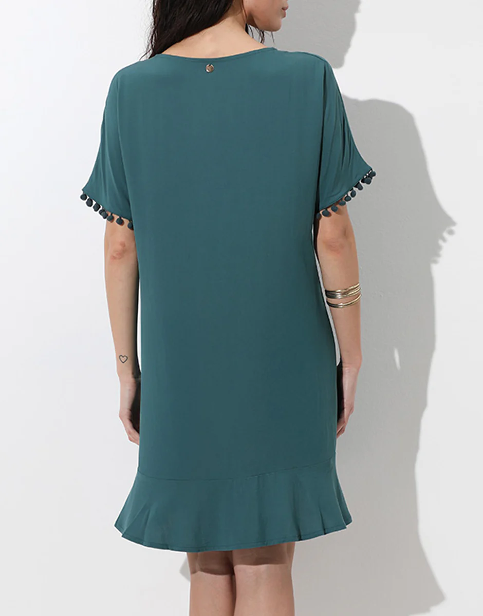 Caftano scollo a V in tela di viscosa, verde mediterraneo - Image 2