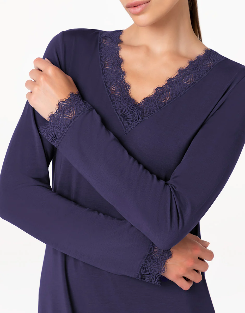 Camicia da Notte Lunga con scollo a V Elegant Modal, blu notte