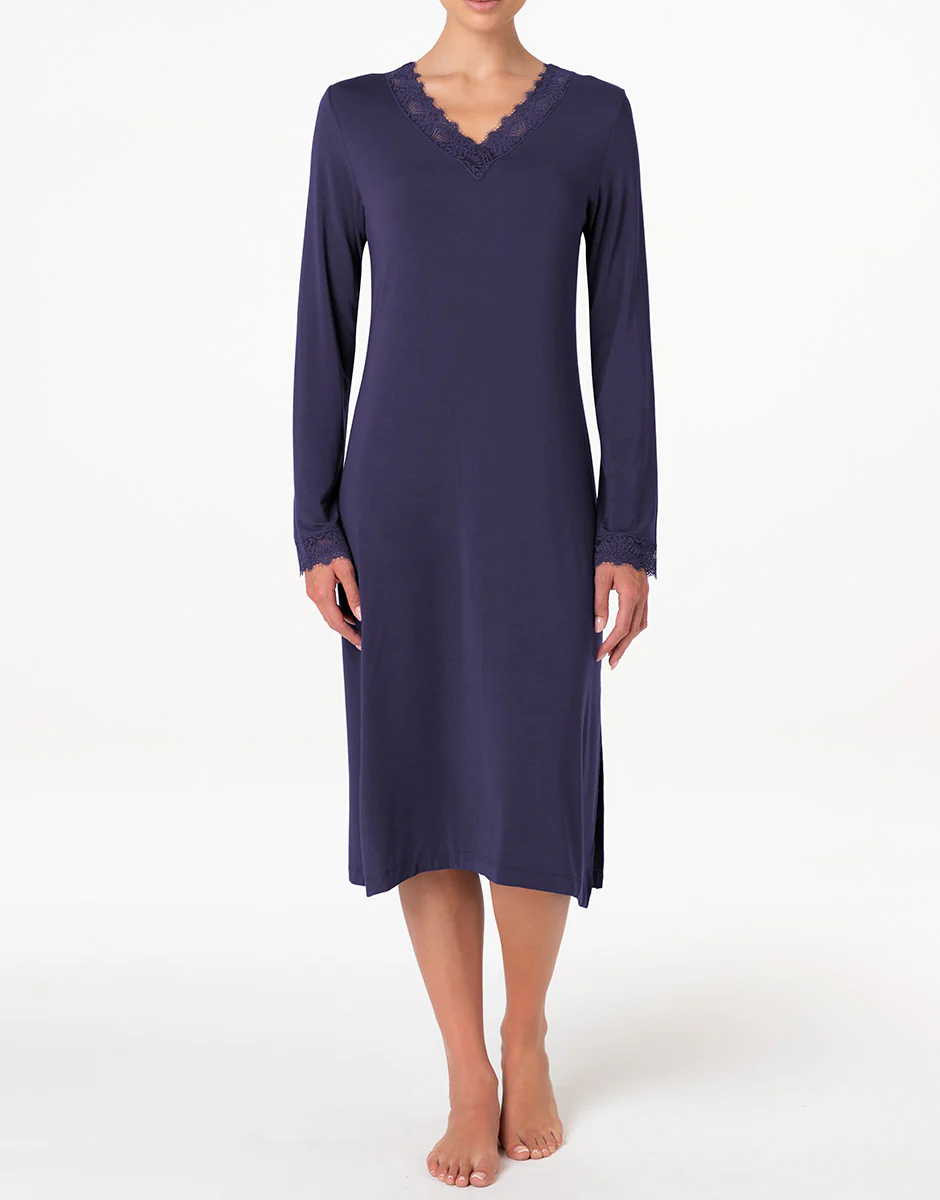 Camicia da Notte Lunga con scollo a V Elegant Modal, blu notte - Image 2