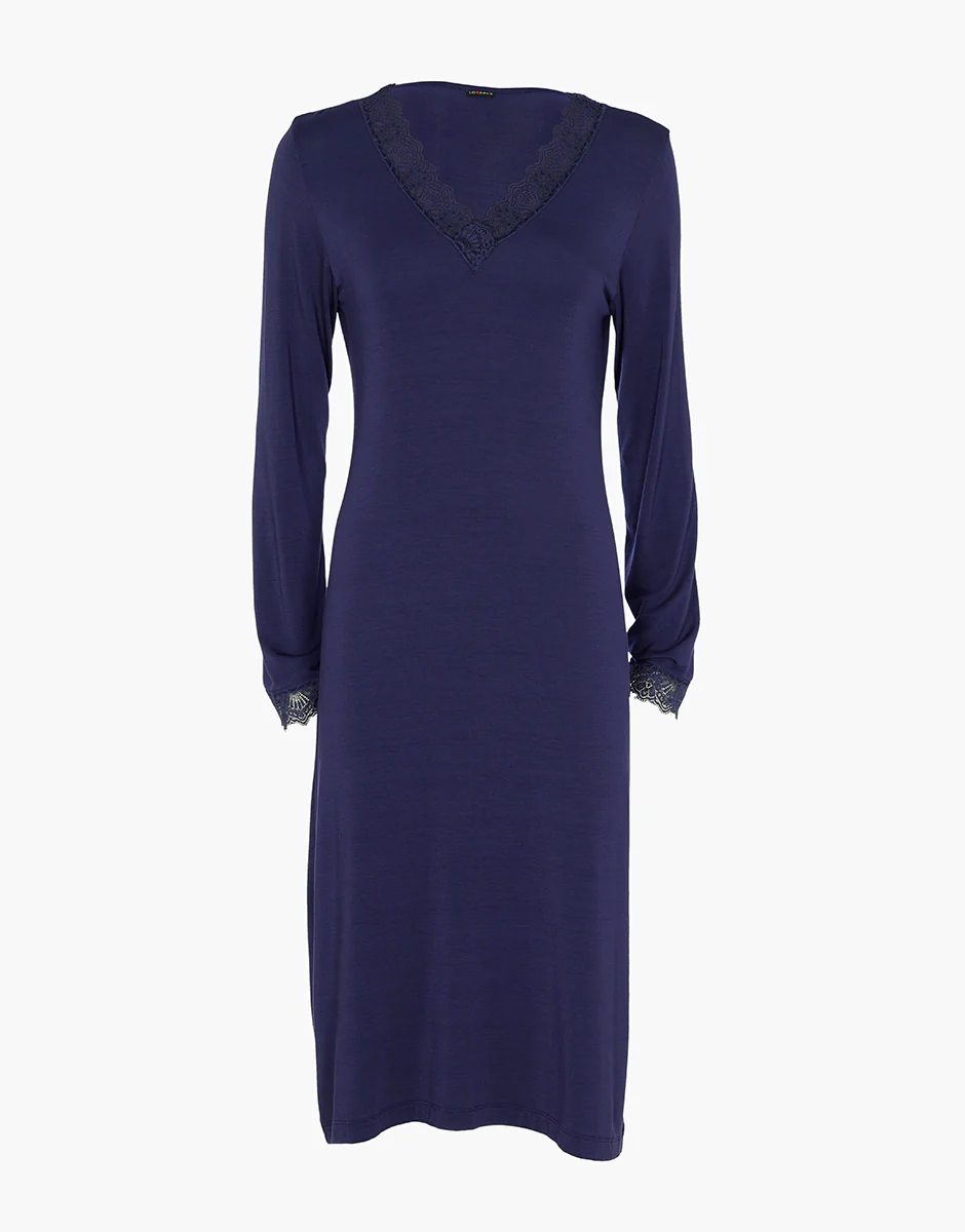 Camicia da Notte Lunga con scollo a V Elegant Modal, blu notte - Image 4