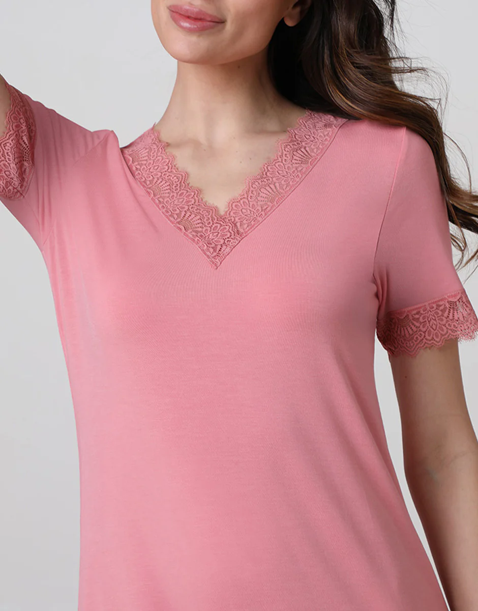 Camicia da Notte Manica Corta con scollo a V Elegant Modal, rosa malva
