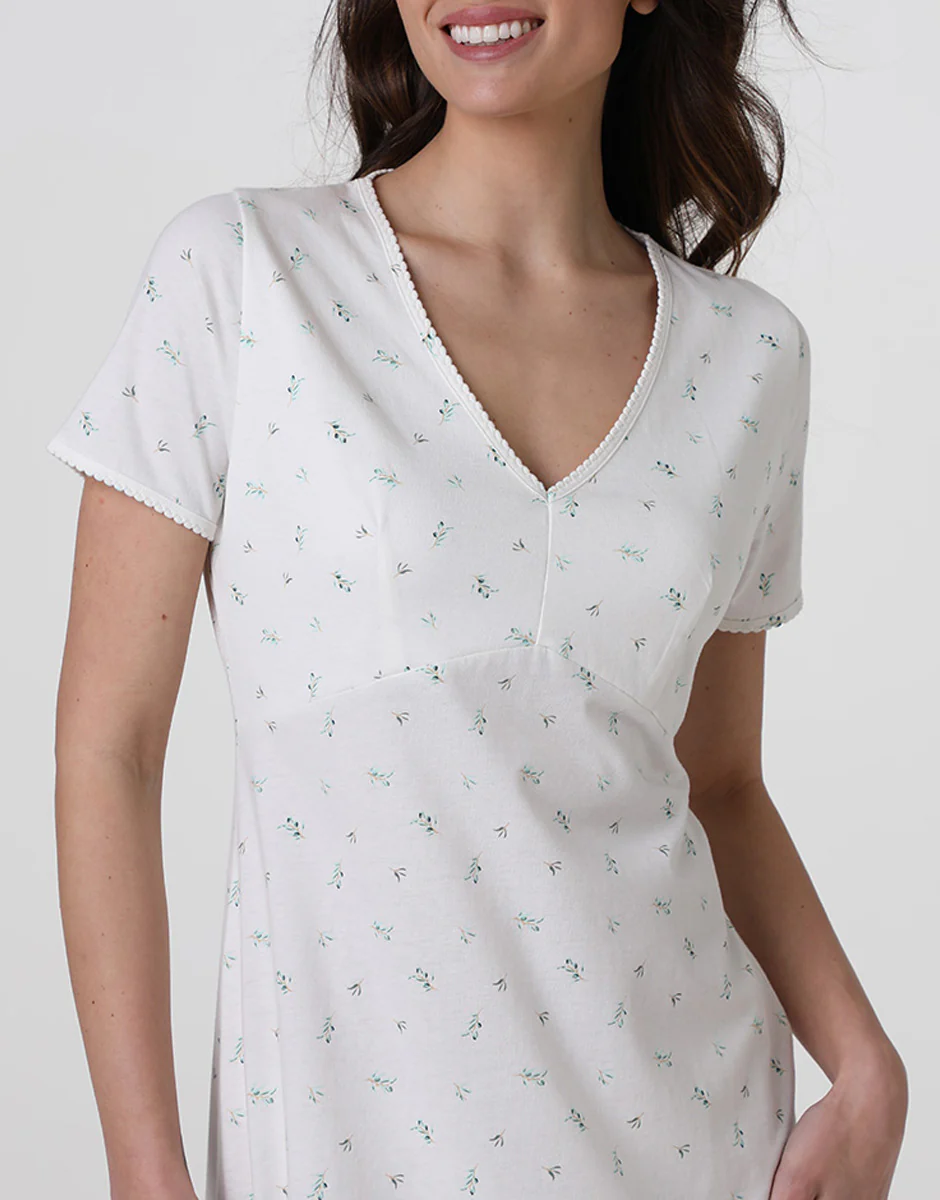 Camicia da Notte Manica Corta con scollo a V in Jersey, bianco latte stampato