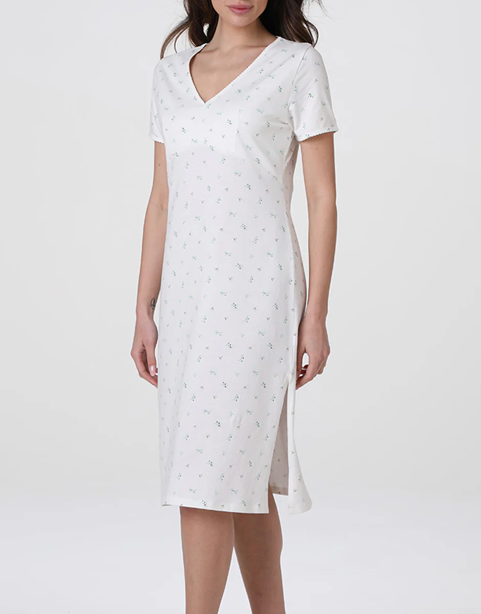 Camicia da Notte Manica Corta con scollo a V in Jersey, bianco latte stampato - Image 2