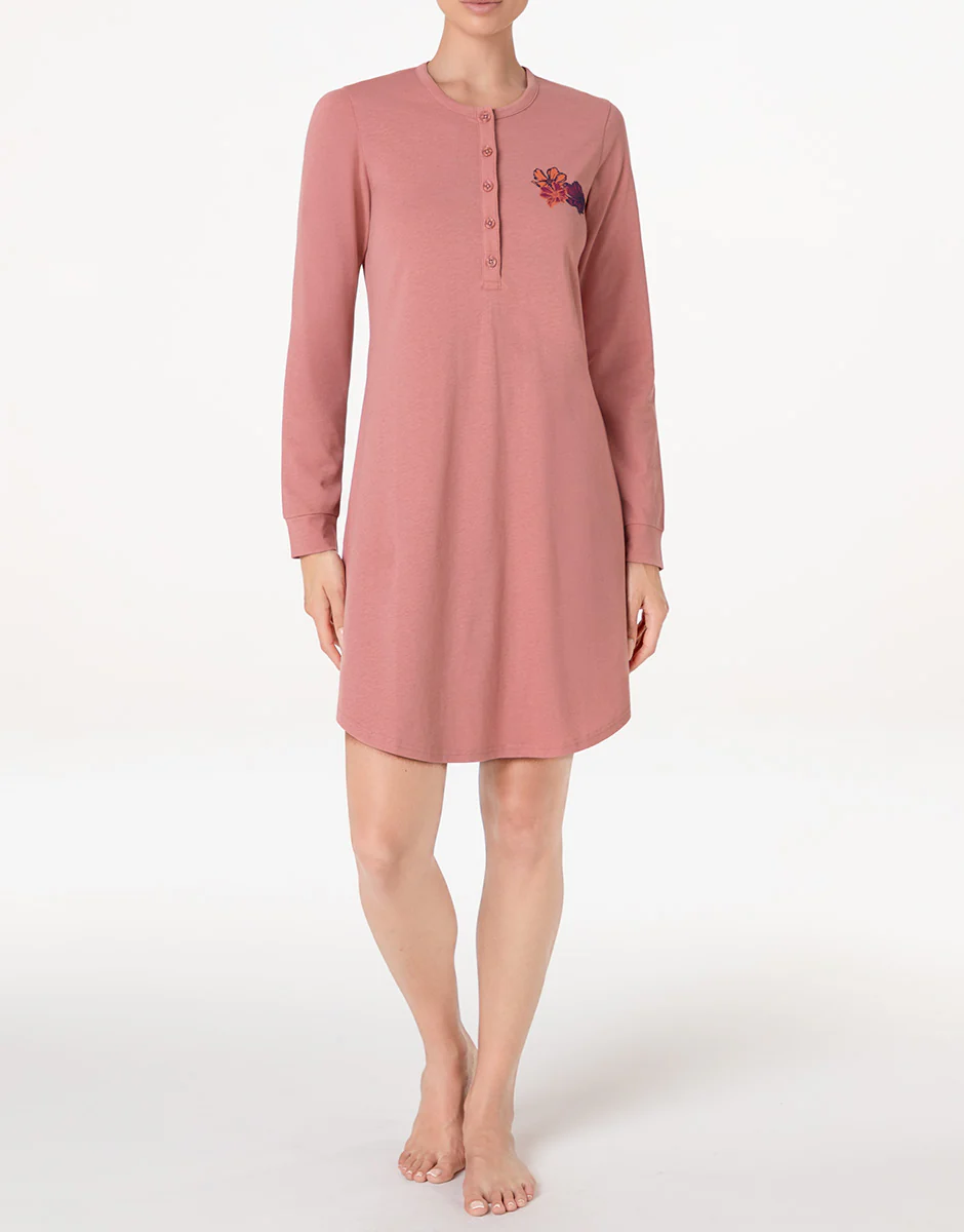 Camicia da Notte Manica Lunga con Collo Serafino in Jersey, rosa polvere