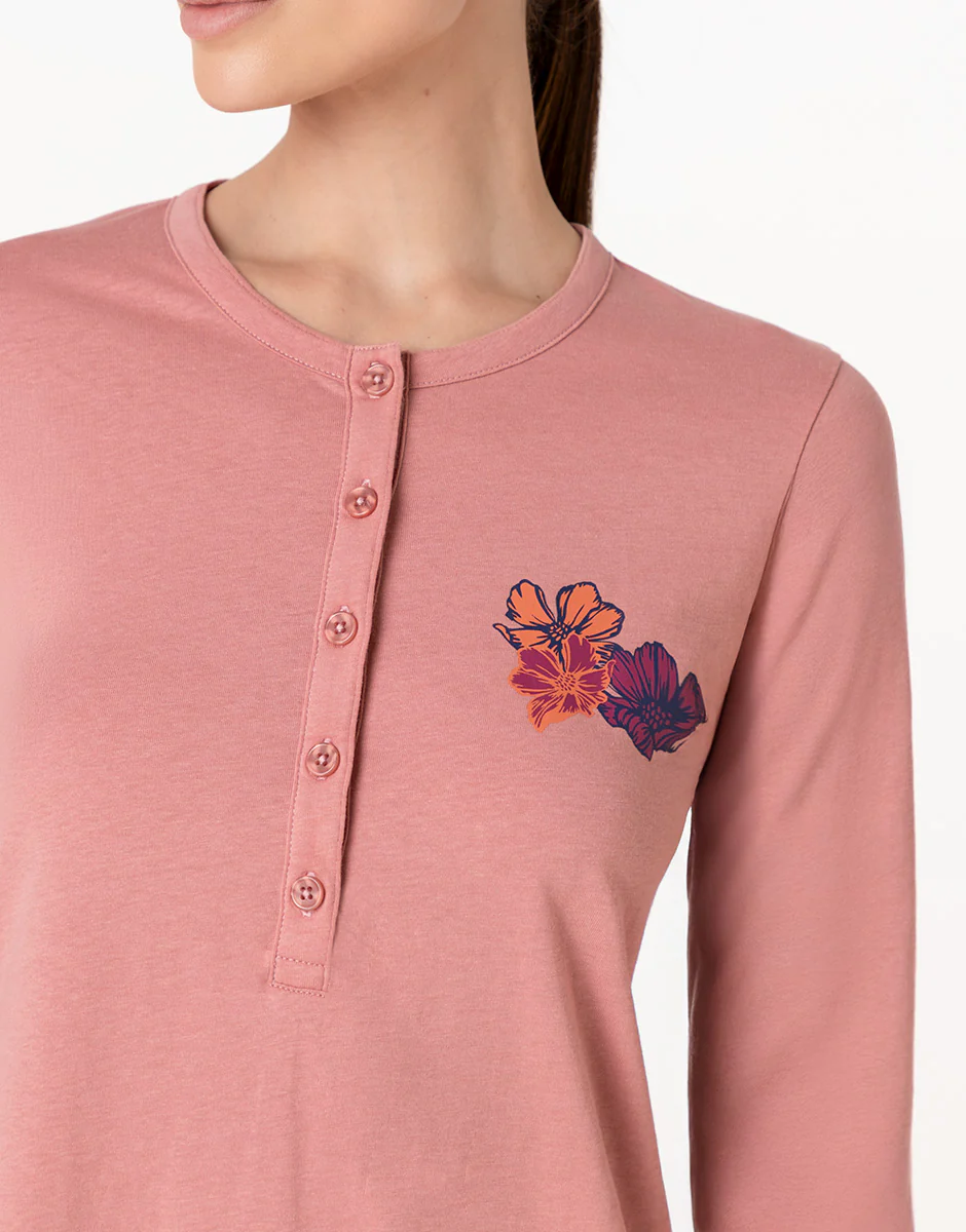 Camicia da Notte Manica Lunga con Collo Serafino in Jersey, rosa polvere - Image 3