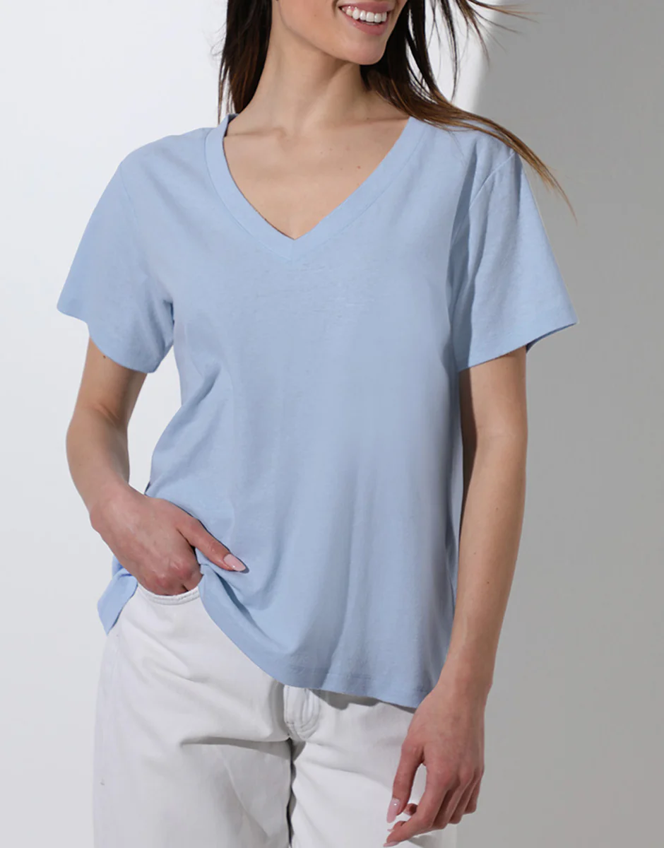 Maglia Manica Corta Scollo a V in cotone e lino, azzurro