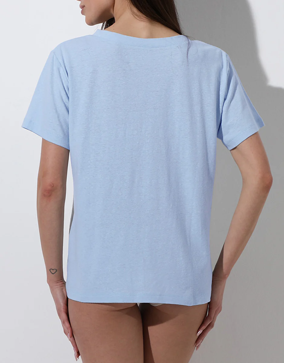 Maglia Manica Corta Scollo a V in cotone e lino, azzurro - Image 3