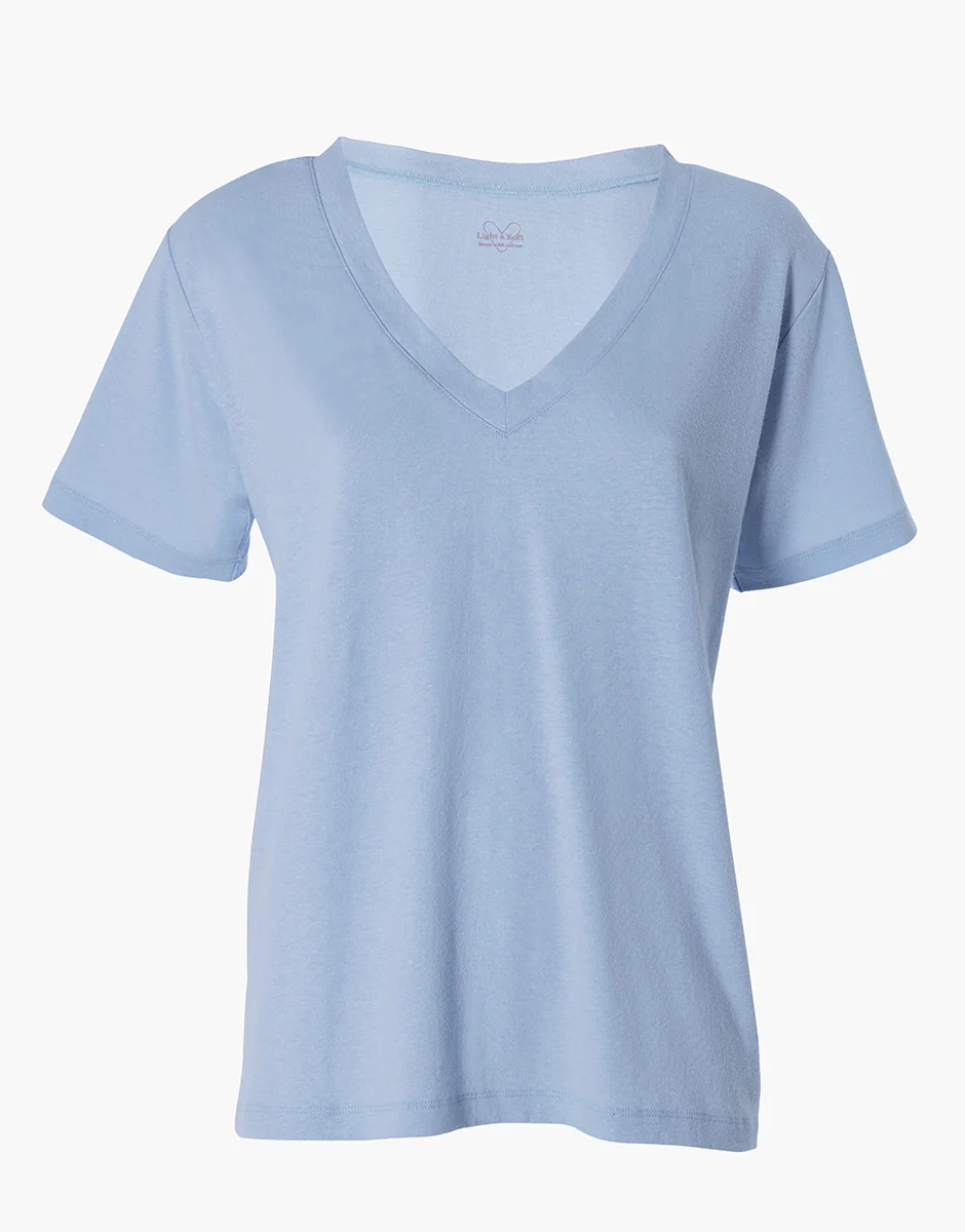 Maglia Manica Corta Scollo a V in cotone e lino, azzurro - Image 4