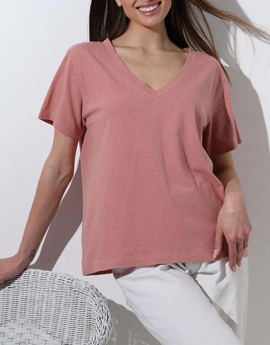Maglia Manica Corta Scollo a V in cotone e lino, rosa polvere