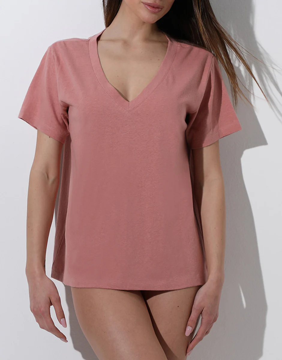 Maglia Manica Corta Scollo a V in cotone e lino, rosa polvere - Image 2