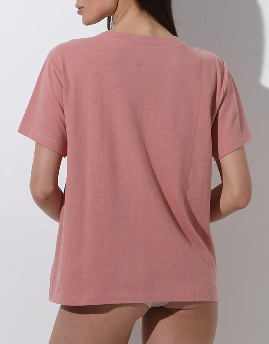 Maglia Manica Corta Scollo a V in cotone e lino, rosa polvere - Image 3