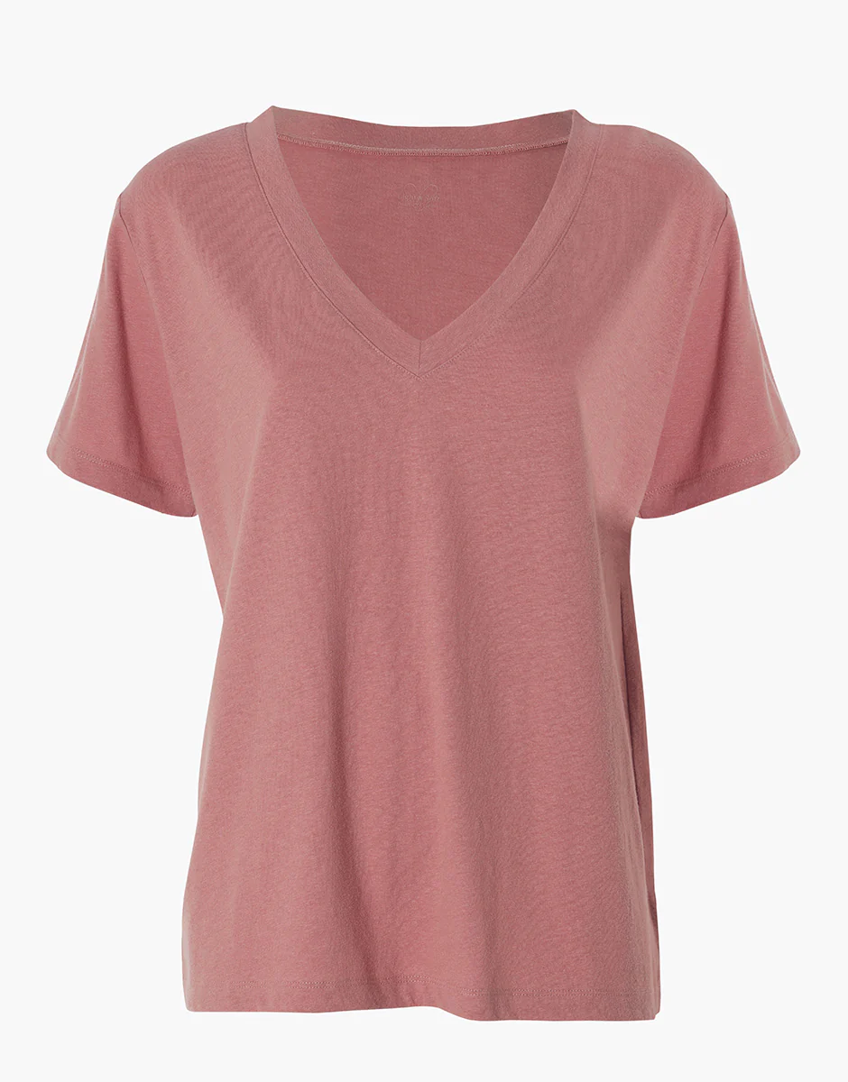 Maglia Manica Corta Scollo a V in cotone e lino, rosa polvere - Image 4