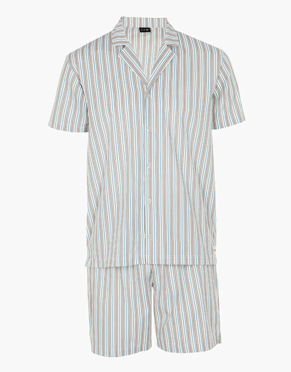 Pigiama Corto Aperto in Tela, righe avorio - Image 4