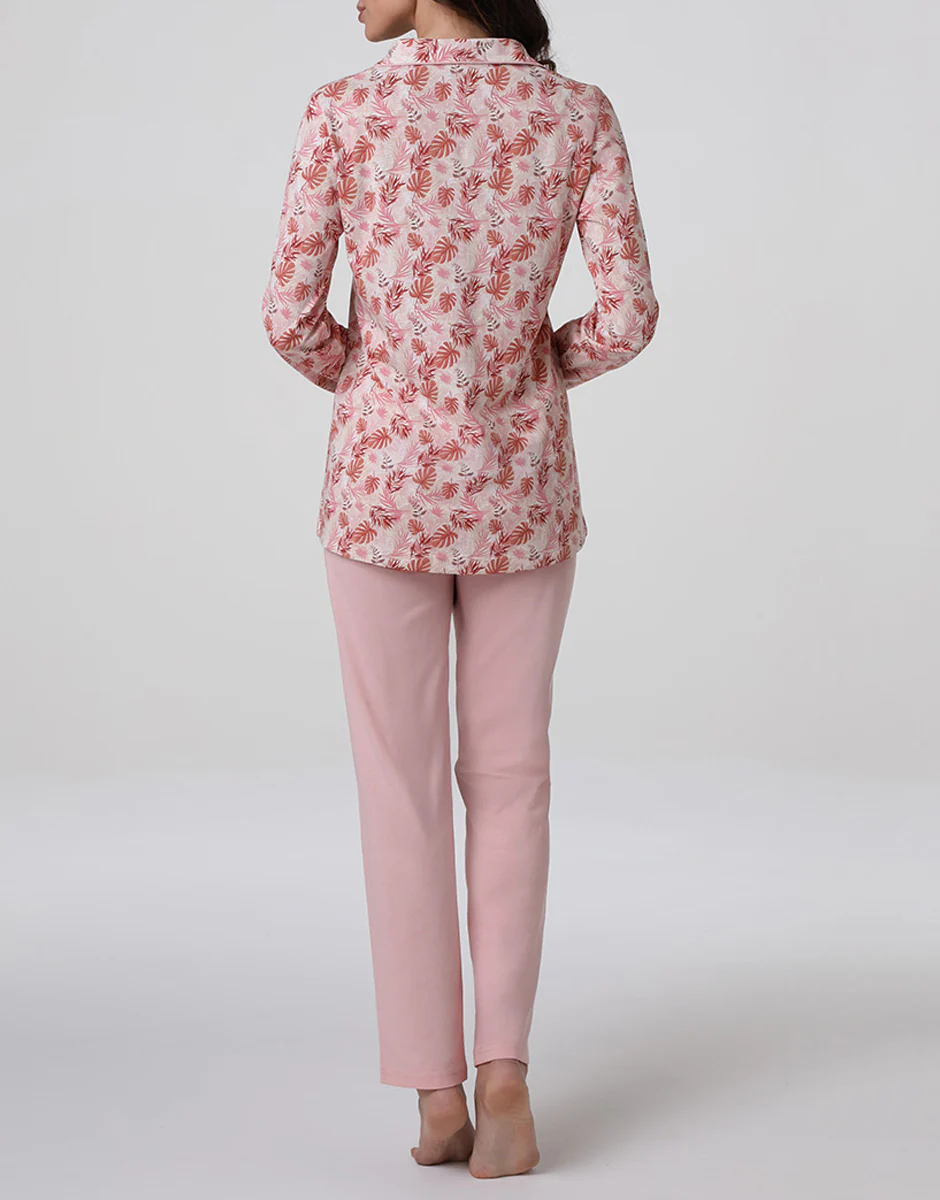Pigiama Lungo Aperto in Jersey, rosa polvere stampato - Image 3