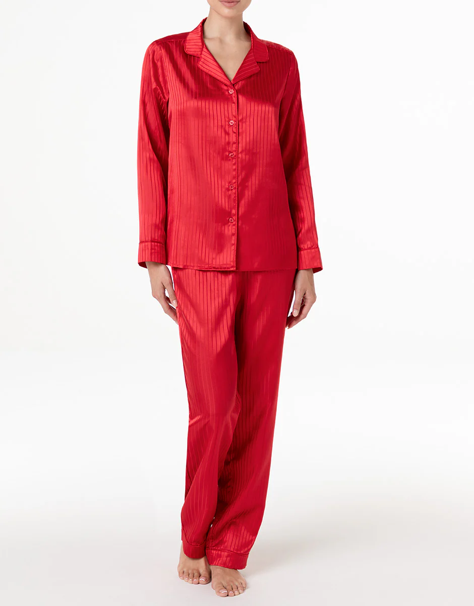Pigiama Lungo Aperto in Satin, rosso