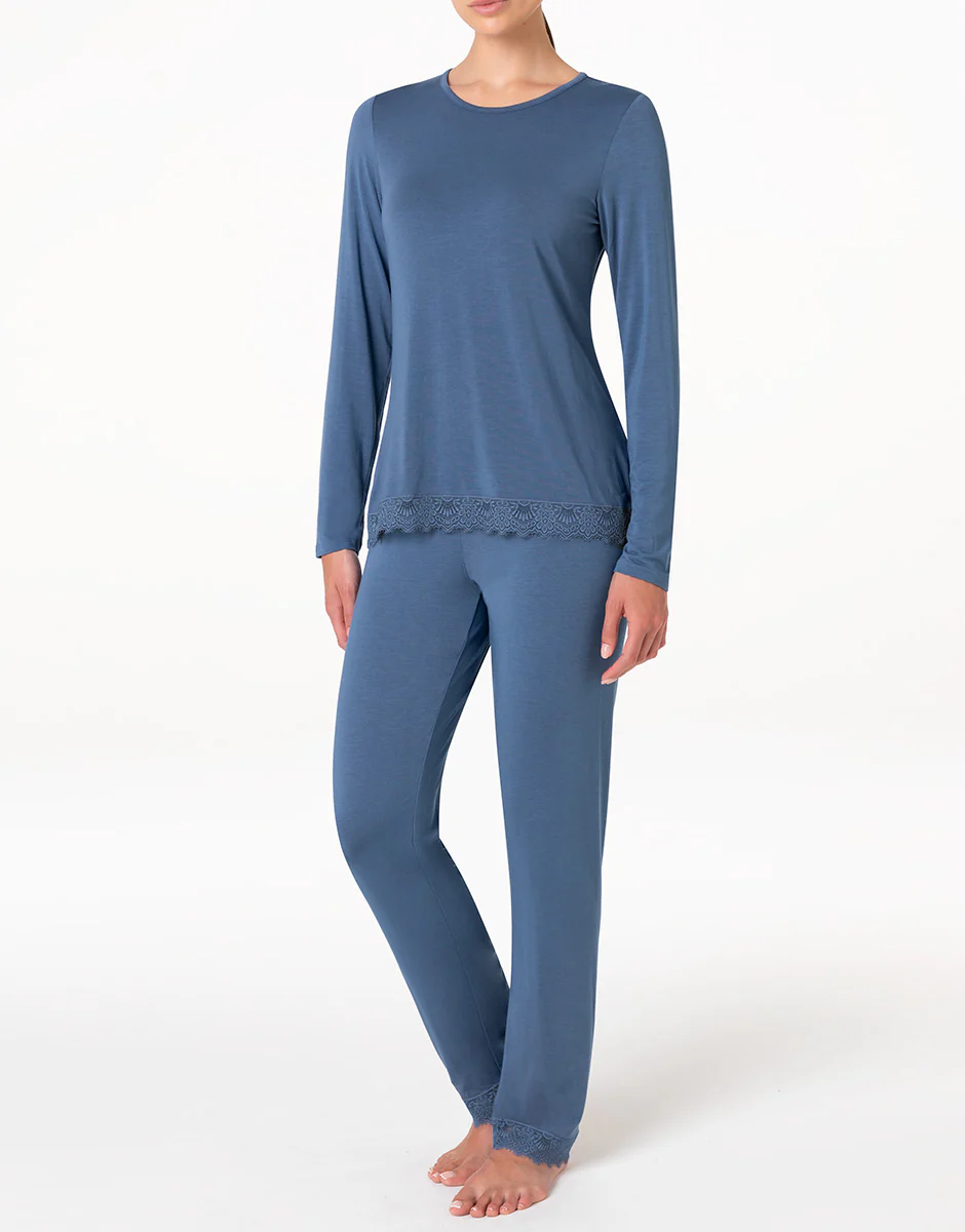 Pigiama Lungo Elegant Modal, blu polvere