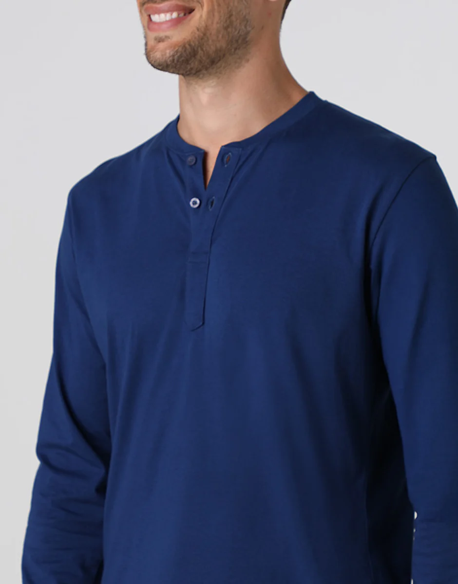 Pigiama Lungo Serafino in Jersey, blu notte