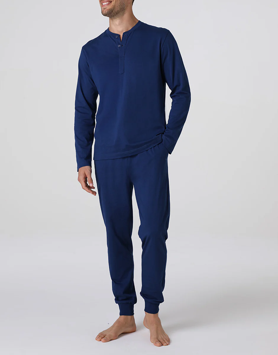 Pigiama Lungo Serafino in Jersey, blu notte - Image 2