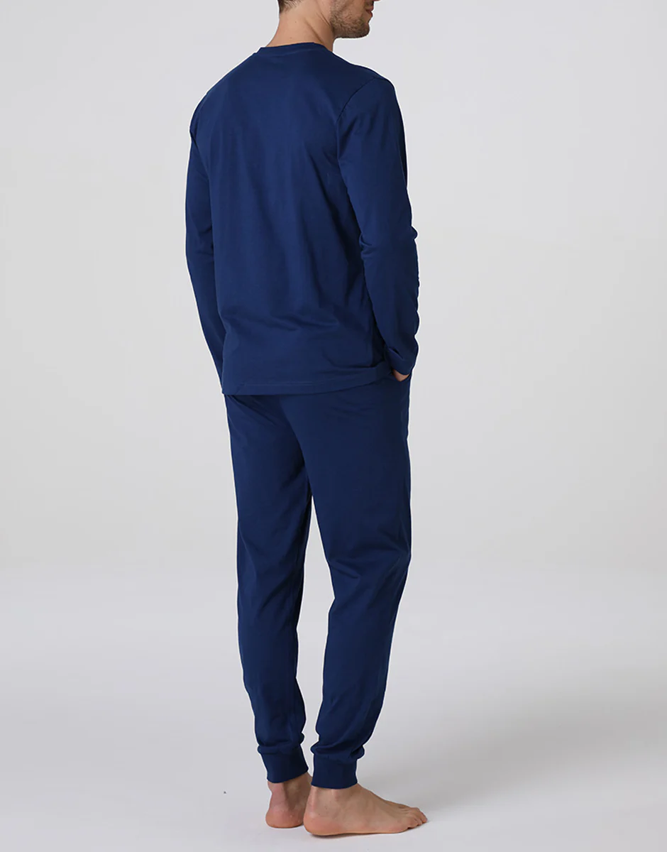 Pigiama Lungo Serafino in Jersey, blu notte - Image 3