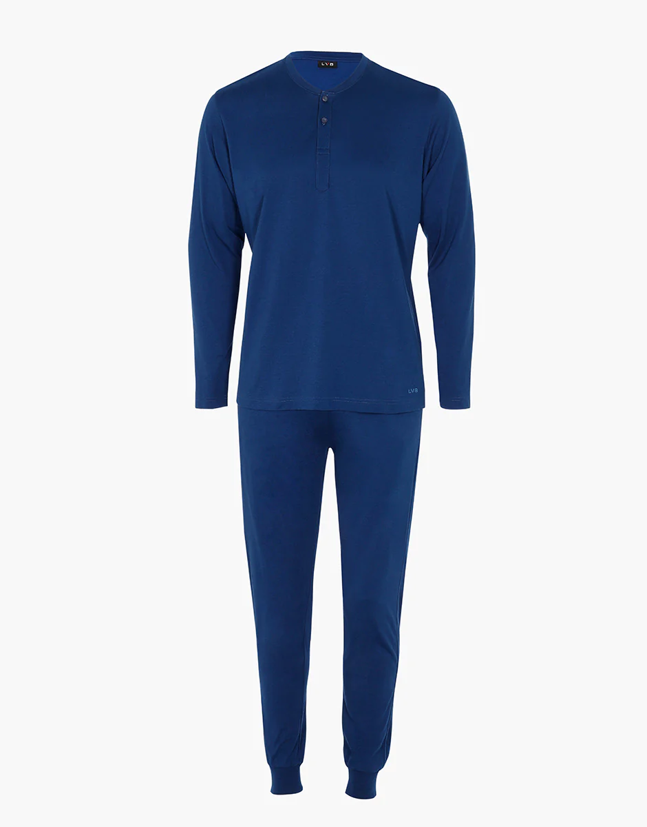 Pigiama Lungo Serafino in Jersey, blu notte - Image 4