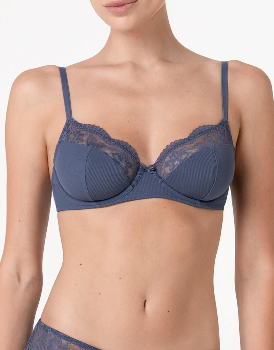 Reggiseno con Ferretto Casual Rib Lace in microfibra e pizzo, blu polvere