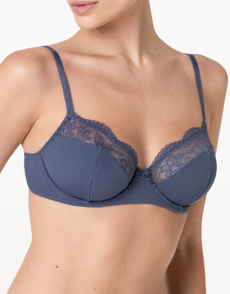 Reggiseno con Ferretto Casual Rib Lace in microfibra e pizzo, blu polvere - Image 5