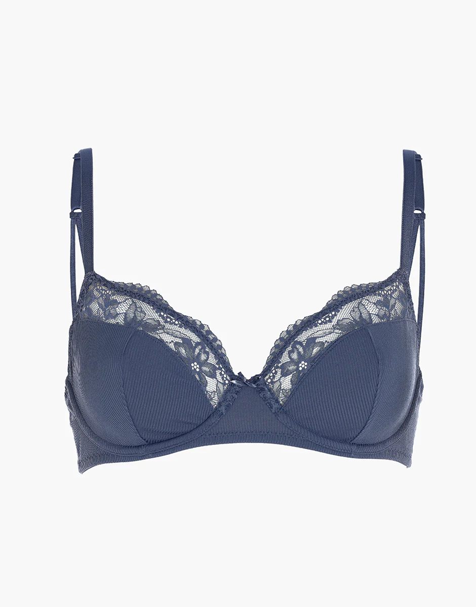 Reggiseno con Ferretto Casual Rib Lace in microfibra e pizzo, blu polvere - Image 6