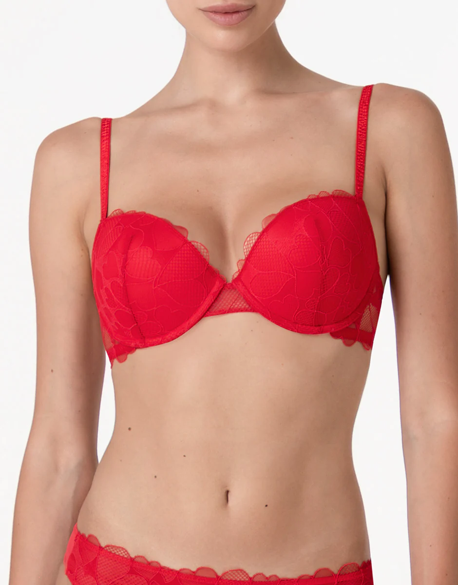 Reggiseno con Ferretto Push-Up Romance Hearts in tulle, rosso cuori