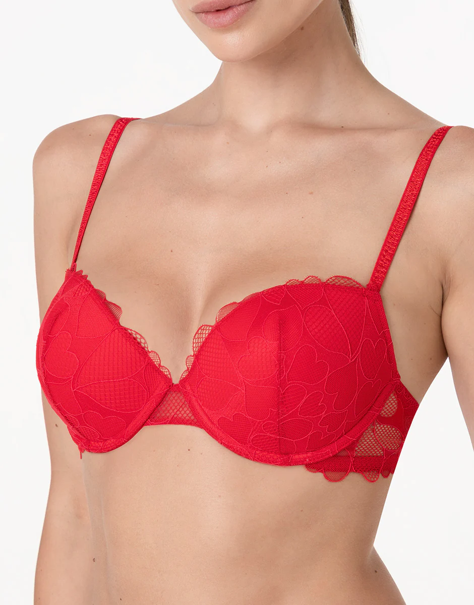 Reggiseno con Ferretto Push-Up Romance Hearts in tulle, rosso cuori - Image 5