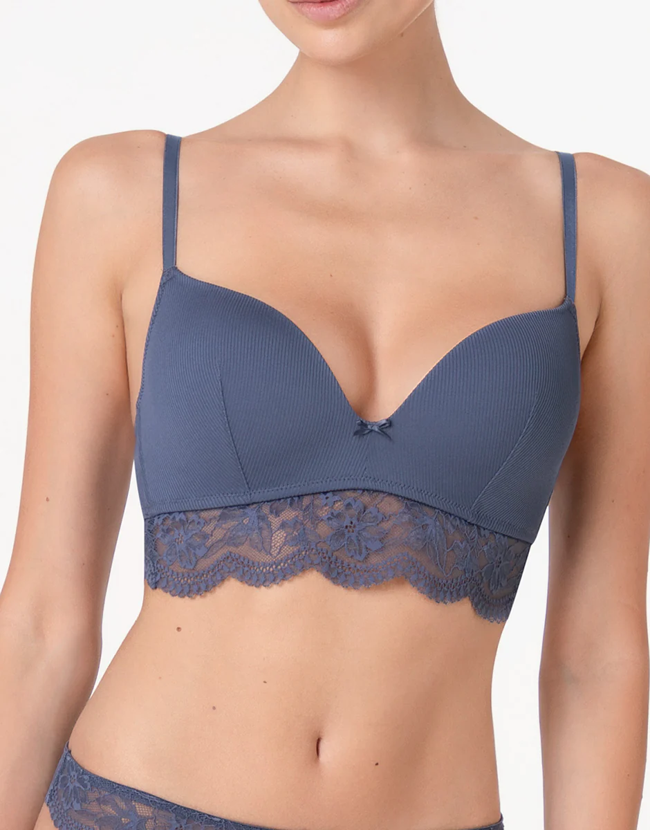 Reggiseno senza ferretto imbottito Casual Rib Lace in microfibra e pizzo, blu polvere