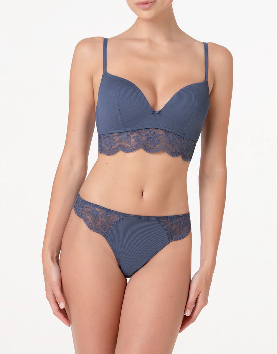 Reggiseno senza ferretto imbottito Casual Rib Lace in microfibra e pizzo, blu polvere - Image 3