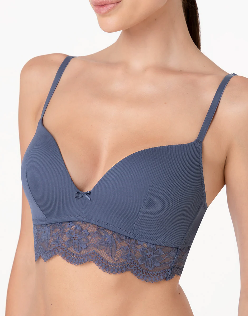 Reggiseno senza ferretto imbottito Casual Rib Lace in microfibra e pizzo, blu polvere - Image 5