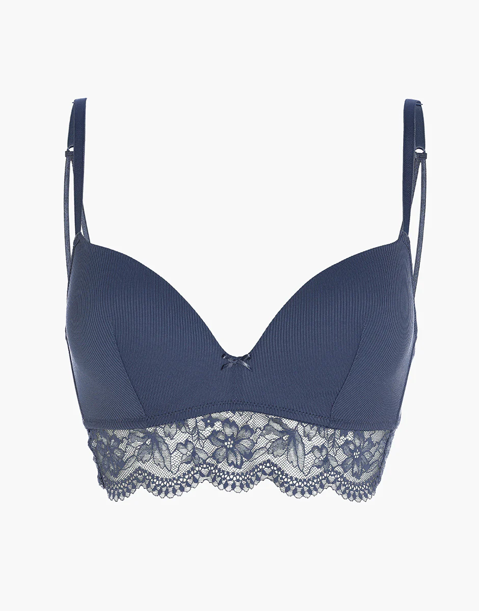 Reggiseno senza ferretto imbottito Casual Rib Lace in microfibra e pizzo, blu polvere - Image 6