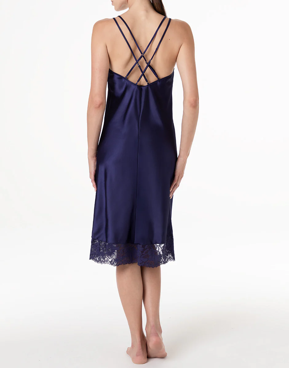 Sottoveste in satin con pizzo, blu notte - Image 2