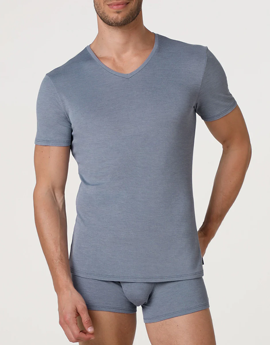 T-Shirt Scollo a V Piquet Micromodal, avio scuro