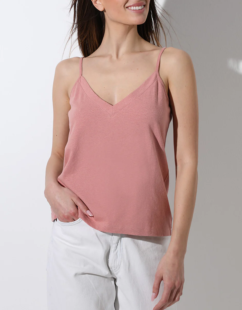 Top con scollo a V in cotone e lino, rosa polvere