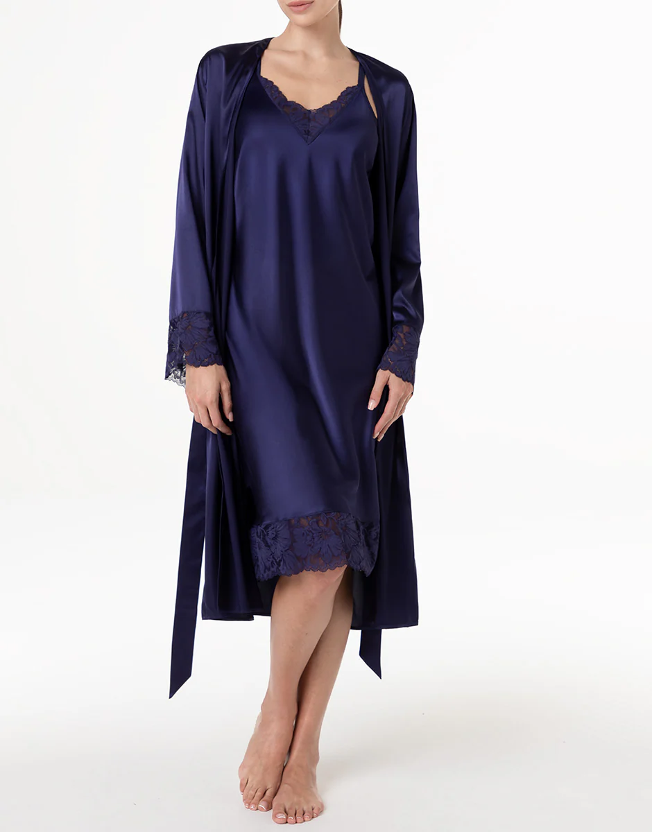 Vestaglia in satin con pizzo, blu notte - Image 2