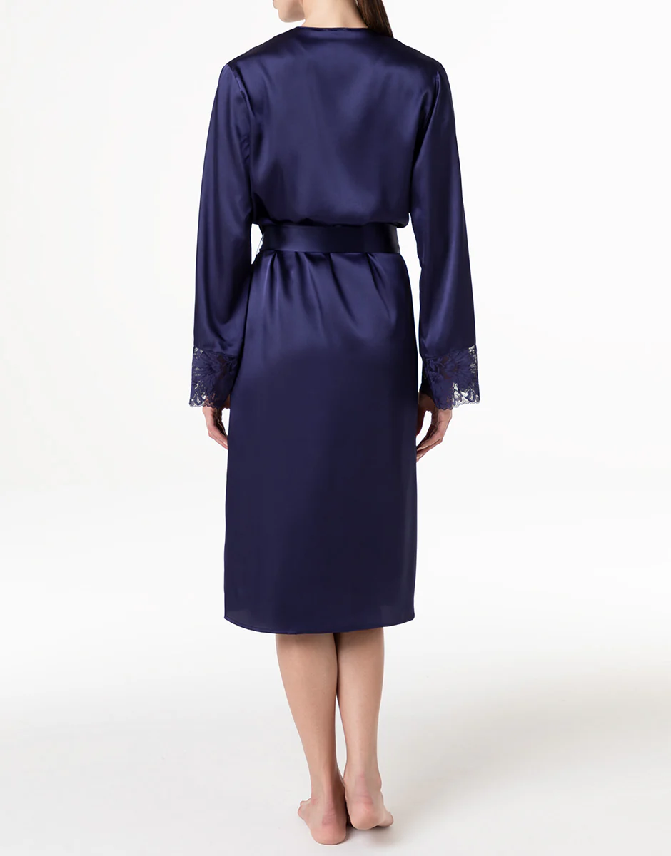 Vestaglia in satin con pizzo, blu notte - Image 3
