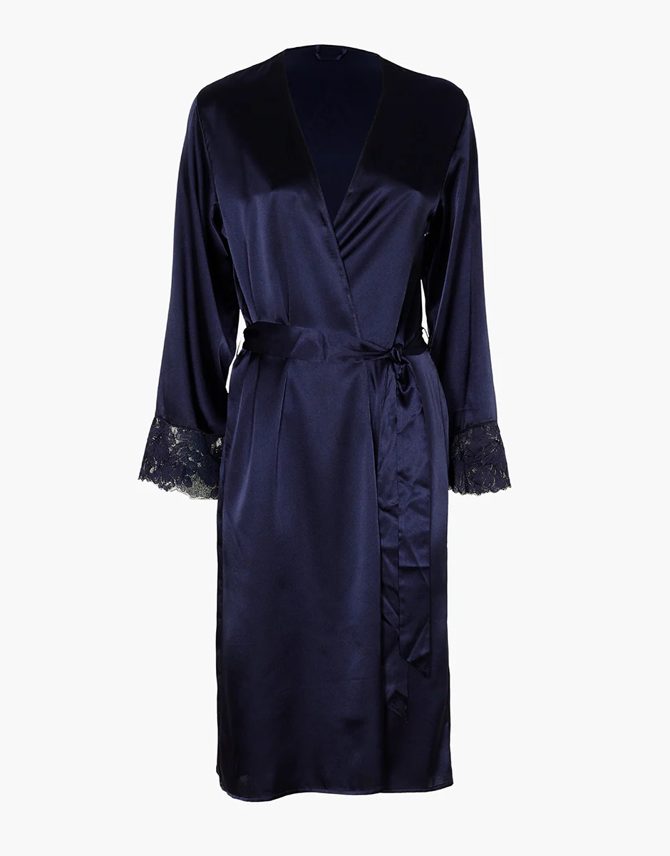 Vestaglia in satin con pizzo, blu notte - Image 4