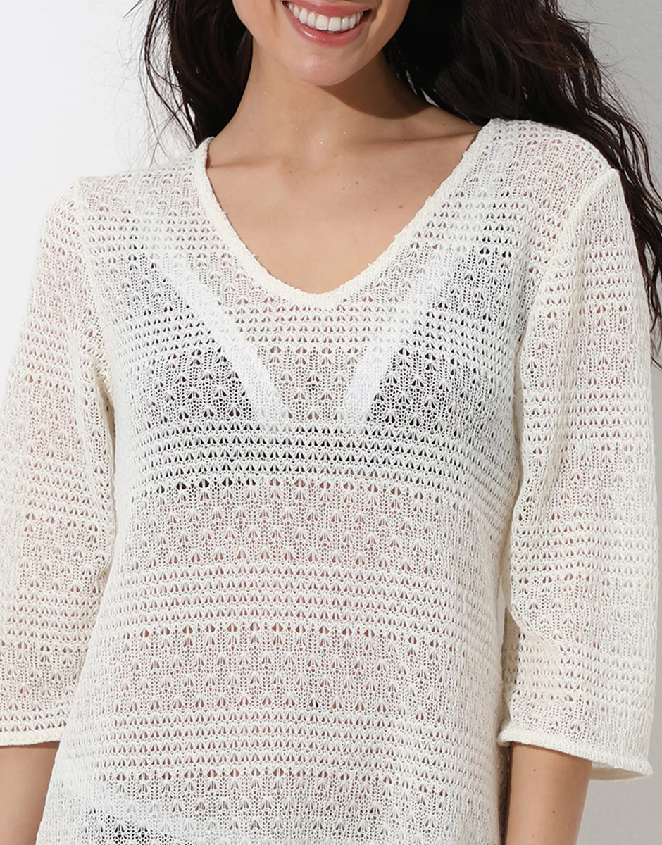 Vestito manica ¾ in crochet, bianco seta - Image 3